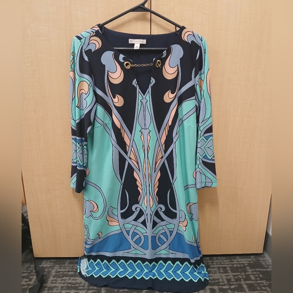 Dress Barn Blue and Green Midi Shift Dress Size Medium.  Like New